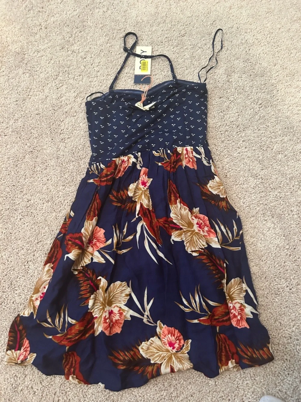 Roxy Navy Strapless Sundress with Small White Pattern “sleep to dream” xs - Picture 3 of 4